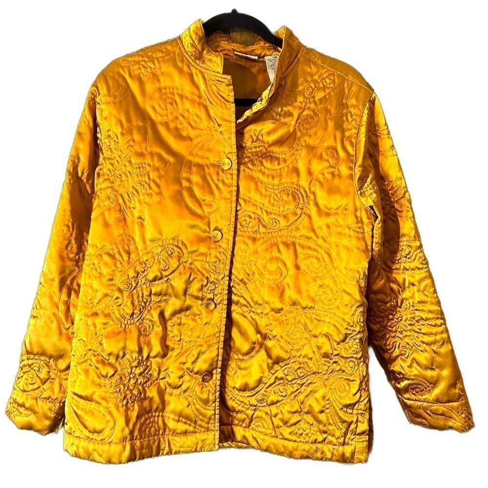 Classic Elements Golden Yellow Satin Floral Embroidered Button-Up Jacket Sz XL